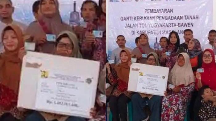 GANTI RUGI TOL - Sebanyak 23 ahli waris dari satu keluarga kompak mendatangi Balai Desa Candiretno, Kecamatan Secang, Kabupaten Magelang, untuk menerima uang ganti rugi (UGR) proyek Tol Jogja-Bawen pada Rabu (6/11/2025). Mereka adalah keponakan warga bernama Asri Yati yang mendapat ganti rugi Rp 1,4 miliar.