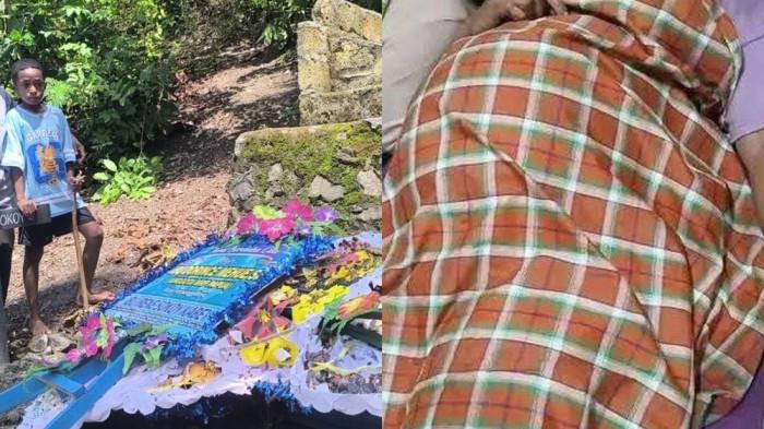 IBU HAMIL MENINGGAL - Abraham Kabey dan kedua cucu (anak Almarhumah Irene Sokoy) sata berdiri di makam Irene Sokoy/ Findi dan Almarhumah Irene Sokoy saat berada di rumah sakit pada Selasa (18/11/2025)