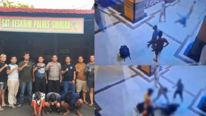 PEMBUNUHAN DI MASJID - (Kiri) Tiga dari lima pelaku penganiayaan hingga berujung tewasnya musafir di Masjid Agung Sibolga, sudah ditangkap, Sabtu (1/11/2025). Kini dua pelaku masih buron. (Kanan) Tangkap layar pengeroyokan di Masjid Agung Sibolga, Jumat (31/10/2025).