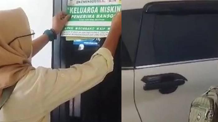 PENERIMA BANSOS - Petugas menempelkan stiker keluarga miskin penerima bansos salah satu rumah warga di wilayah Ciomas, Kabupaten Bogor. Petugas menemukan warga yang punya rumah besar dan mobil masih terdaftar sebagai penerima manfaat.