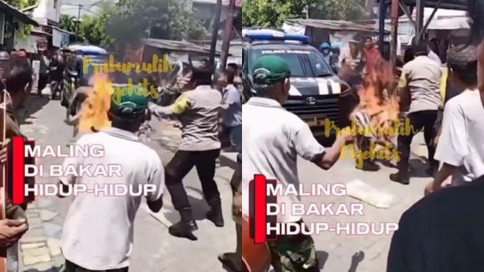 BAKAR - Petugas Satpol PP tak sengaja membakar maling motor, Rizki Kristanto. Sebelumnya, petugas berusaha melepas ikatan di tangan pelaku menggunakan korek api agar tali plastik mudah terbakar dan bisa dilepas cepat.