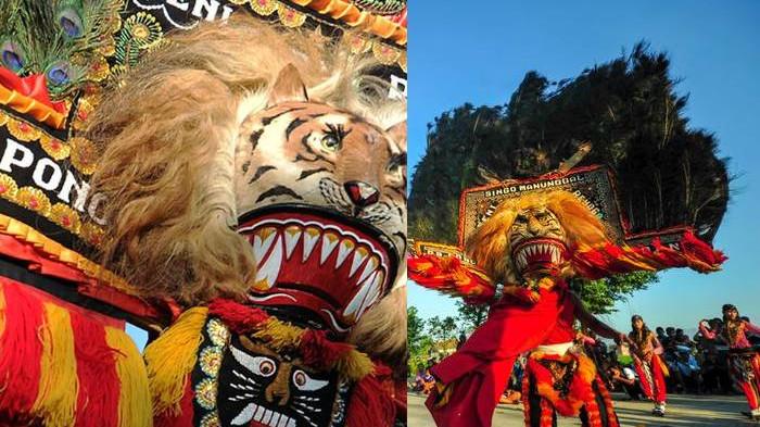 SEJARAH PONOROGO - Seniman menampilkan tari Reog Ponorogo saat warga berebut ketupat dalam Festival 1.001 Ketupat di Desa Kalimalang, Ponorogo, Jawa Timur, Senin (10/6/2019).