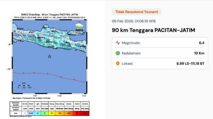 GEMPA BUMI - Tangkapan layar BMKG terkait gempa yang ada di Perairan wilayah Pacitan Jawa Timur. Warga Malang hingga Jogja merasakan getarannya, Jumat (6/2/2026) dinihari