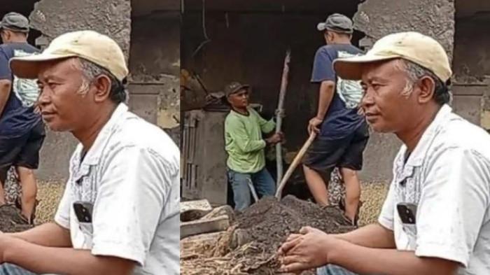 UANG PANEN TERTIMBUN - Toha, warga Dusun Sumbersari, Desa Supiturang, Kecamatan Pronojiwo, Kabupaten Lumajang tampak termenung menetap reruntuhan rumahnya setelah erupsi Semeru membuatnya kehilangan uang Rp 10 juta, Minggu (23/11/2025)
