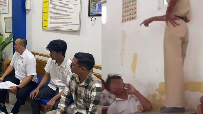 TENDANG KEPALA SISWA - Satreskrim Polres Demak mendatangi SMP Negeri yang menjadi tempat mengajar guru yang menendang kepala siswa dari atas meja (kiri). Aksi tersebut terekam kamera lalu viral di media sosial.