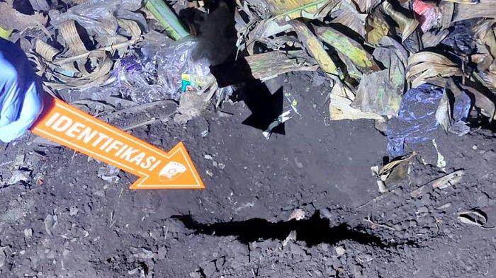 BAYI - Lokasi bayi yang dikuburkan oleh ibu kandungnya di Desa Alasbuluh, Kecamatan Wongsorejo, Kabupaten Banyuwangi, Jawa Timur, Senin (3/11/2025) malam. Solehak tega mengubur bayinya karena malu punya banyak anak dan jadi gunjingan warga.