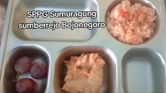 MAKAN BERGIZI - Penampakan menu MBG di sekolah dasar di wilayah Desa Sumuragung Kecamatan Sumberejo yang hanya berisi nasi goreng, potongan tempe goreng dan tiga biji buah anggur. 