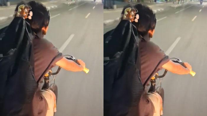 Bocah Lemas Kecapekan usai Ngamen sampai Subuh, Minta Tolong Pengendara Motor Dorong Sepedanya