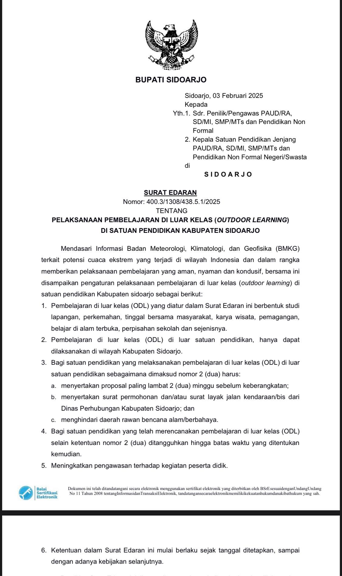 Plt Bupati Sidoarjo Terbitkan Surat Pembatasan Outing Class untuk Siswa di Kota Delta