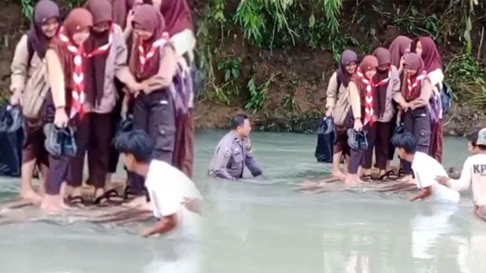 Siswa SD Bertaruh Nyawa saat Berangkat Sekolah, Naik Rakit Terjang Arus Sungai Gegara Jembatan Putus