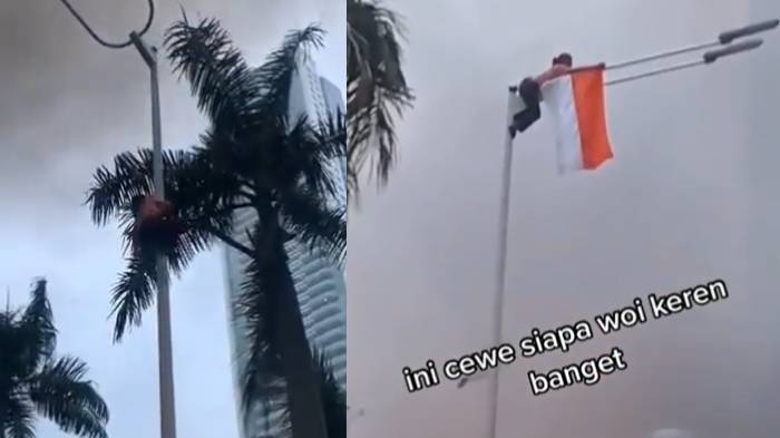 Viral Video Wanita Panjat & Kibarkan Bendera Merah Putih di Lampu PJU, Diduga Pendemo UU Cipta Kerja