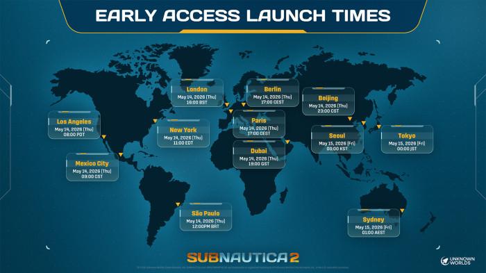 Gambar Infografis Waktu Perilisan Gim Subnautica 2 Berdasarkan Wilayah.