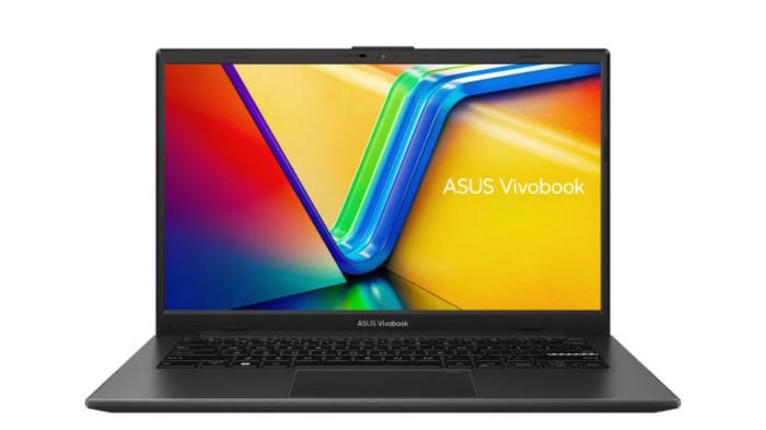 Tampilan laptop ASUS Vivobook Go 14 E1404FA warna hitam yang menggunakan prosesor Ryzen 3 7320U.
