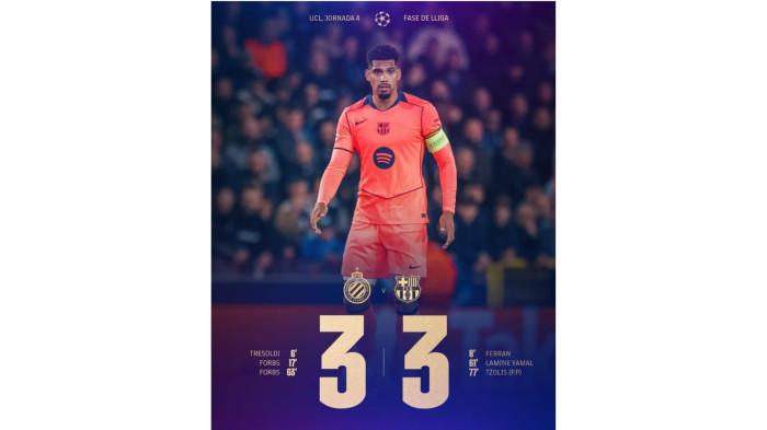 Liga Champions: Drama Enam Gol, Club Brugge Tahan Imbang Barcelona 3-3