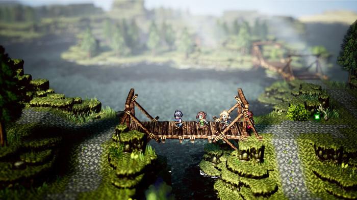 Tampilan gameplay dari OCTOPATH TRAVELER 0  yang menampilkan beberapa karakter.