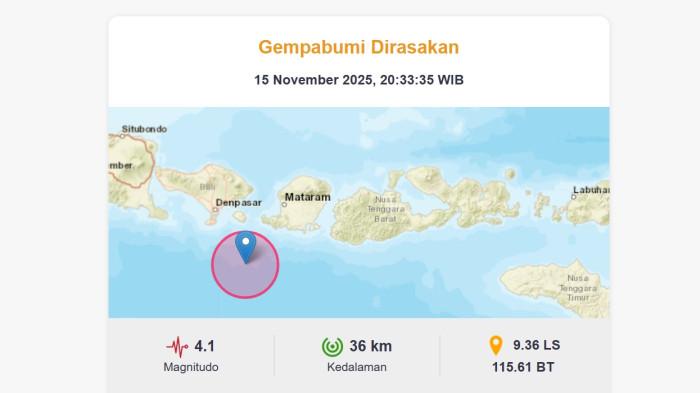 Info Gempa Bumi 4,1M di Kuta Selatan Bali Hari Ini 15 November 2025 Pukul 20:33 WIB atau 21:33