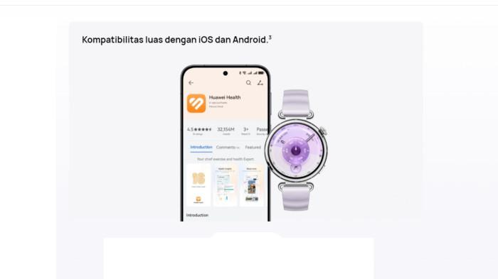 Kompatibilitas Luas pada Fitur Olahraga Huawei Watch GT 6 yang dapat terhubung ke Android dan iOS.