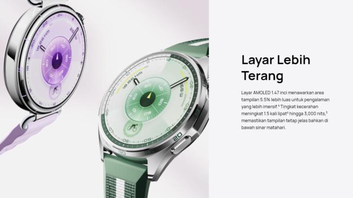 Bagian layar dari Huawei Watch GT 6 dengan tingkat kecerahan hingga 3000 nits sehingga dapat terlihat jelas walaupun di luar ruangan.
