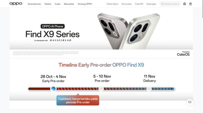 Informasi waktu Pre-Order dari OPPO Find X9 dan OPPO Find X9 Pro yang dimulai pada tanggal  28 Oktober sampai 10 November 2025.