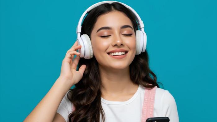 Senyum ceria dan headphone