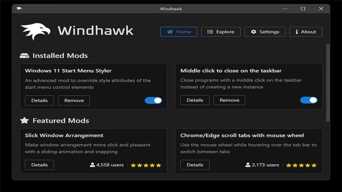 Tampilan Utama dari Windhawk