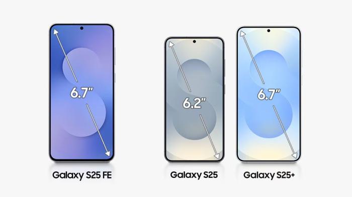 Ukuran layar Samsung Galaxy S25 FE dibanding dengan S25 series lain.