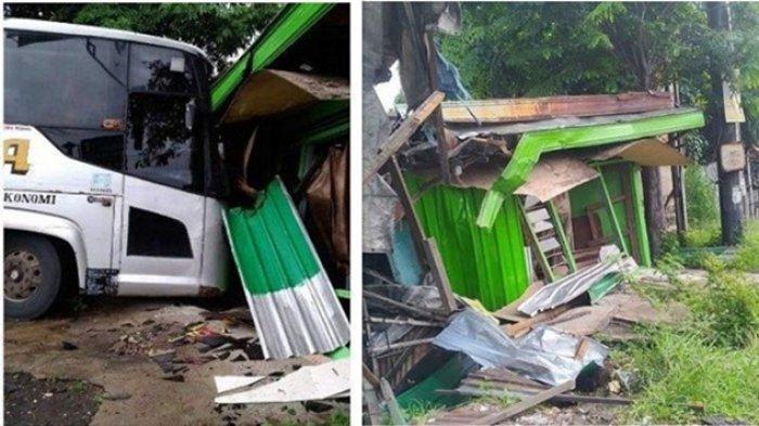 Bus Mira menabrak sebuah kios tukang cukur di Jalan Ahmad Yani Mendungan, Sukoharjo, Selasa (11/2/2020). 