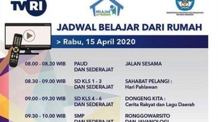 Jadwal Tayang TVRI Rabu 15 April 2020 Program Belajar dari Rumah PAUD SD SMP SMA/SMK