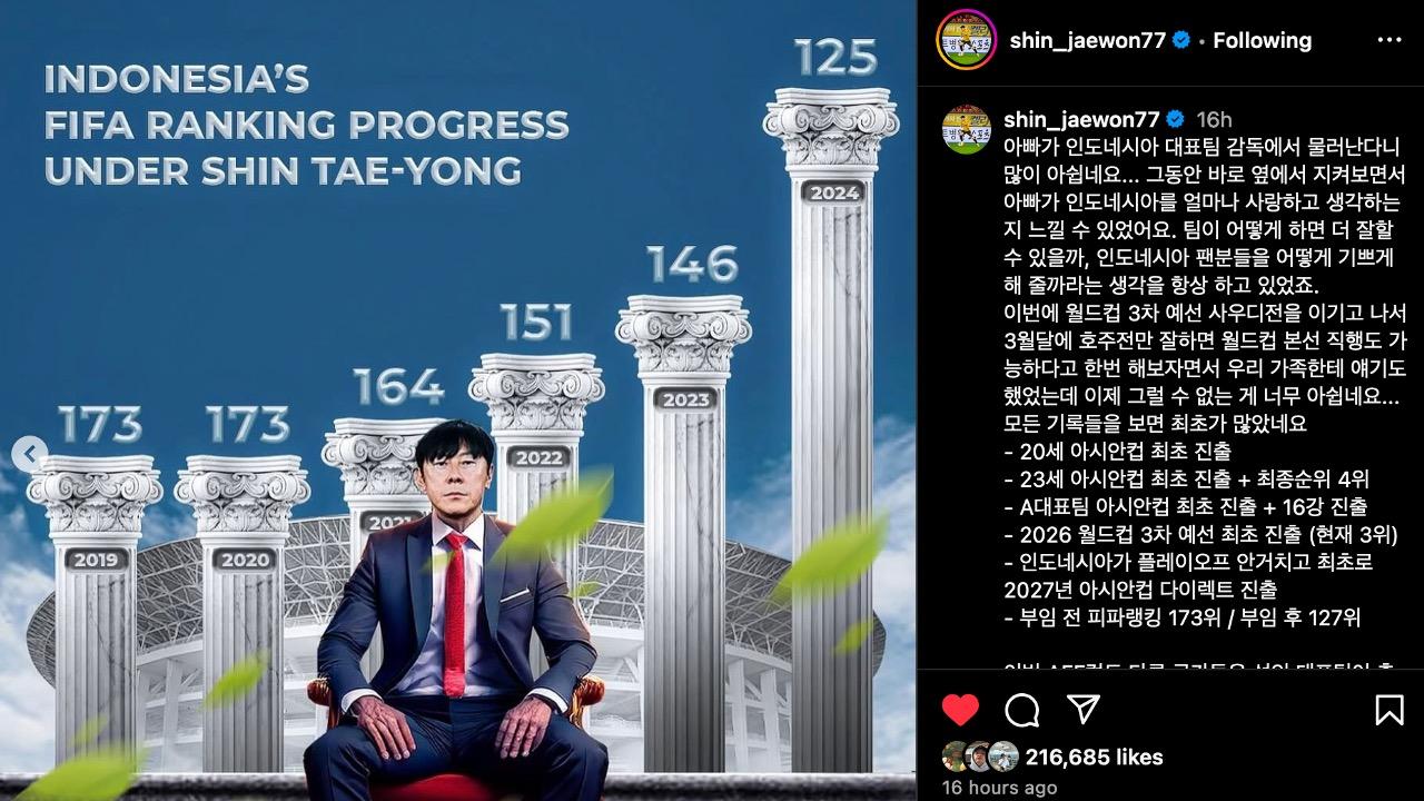 PESAN Haru Shin Jae-won Putra Shin Tae-yong: Beberkan Pencapaian hingga Harapan Sang Ayah