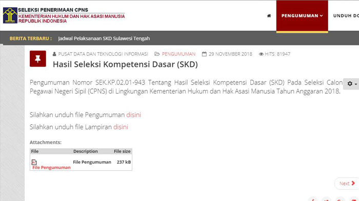 PENGUMUMAN Nama Peserta Lolos SKB CPNS Kemenkumham 2018 via Cpns.kemenkumham.go.id