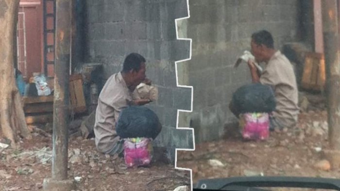 Gak Bisa Nahan Tangis Lihat Bapak Ini Makan di Pinggir Selokan Sampai Jilati Bungkus Nasi