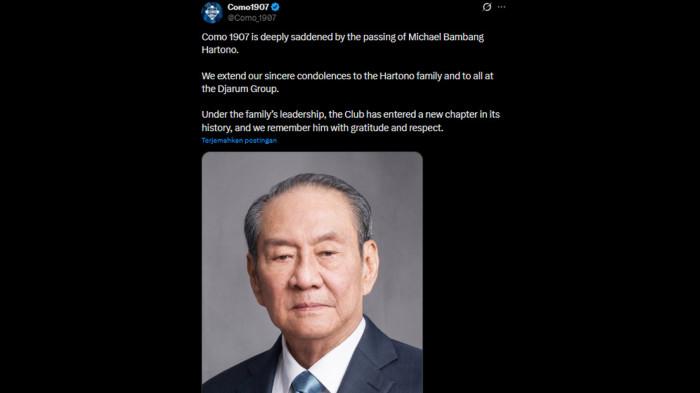 MENINGGAL DUNIA - Pemilik Como 1907 yang juga bos Djarum Grup, Michael Bambang Hartono meninggal dunia di Singapura pada usia 86 tahun, Kamis (19/3/2026).