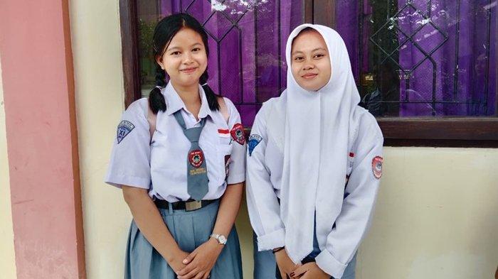 PERASAAN CAMPUR ADUK - Foto peserta TKA SMK Negeri 1 Tanjung Palas Utara, Amel (kanan) saat ditemui TribunKaltara.com. Amel mengaku perasaanya campur aduk pasca ikut TKA di sekolahnya.