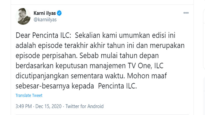 MENGEJUTKAN Karni Ilyas Umumkan ILC Malam Ini Episode Terakhir Sekaligus Perpisahan, Ada Apa?