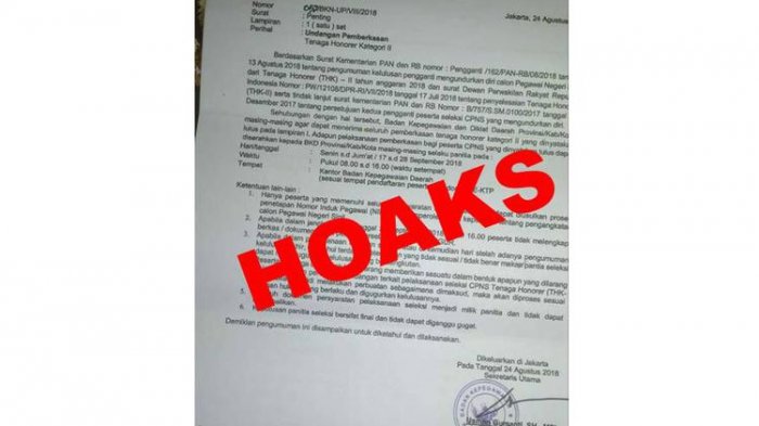 Ramai Rencana Penerimaan CPNS 2018, Muncul Surat Sekretaris Utama BKN Tentang Tenaga Honorer, Hoaks!
