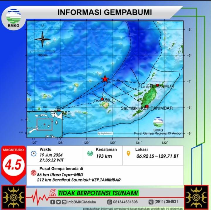 Gempa Terkini Baru Saja Getarkan Kepulauan Tanimbar Maluku Rabu 19 Juni 2024, Info BMKG Mag 4.5 SR