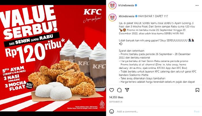 Promo KFC Hari Ini Periode 24 - 26 Oktober 2022, Dapatkan Paket Value Serbu, Cuma Bayar Rp 120 Ribu