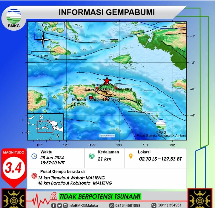 Gempa Terkini Getarkan Maluku Tengah Jumat 28 Juni 2024 Sore, Info BMKG Magnitudo 3.4 SR