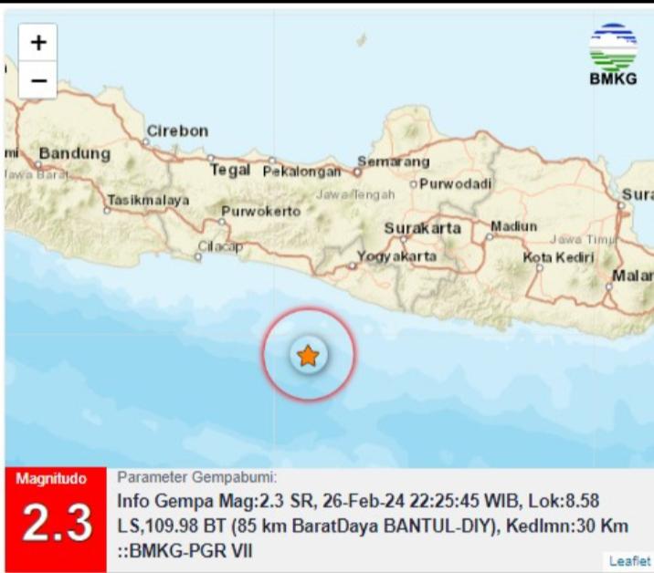 GEMPA Terkini Pukul 22:25 WIB Getarkan Bantul Yogyakarta Senin 26 Februari 2024,Info BMKG Mag 2,3 SR