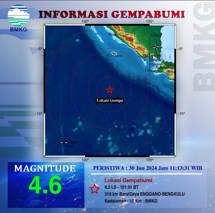 Gempa Terkini Baru Saja Guncang Bengkulu Minggu 30 Juni 2024 Siang, Info BMKG Magnitudo 4.6 SR