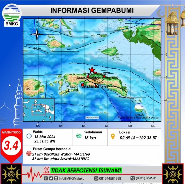 Gempa Terkini Malam Ini Goyang Maluku Tengah Jumat 15 Maret 2024, Info BMKG Magnitudo 3,4 SR