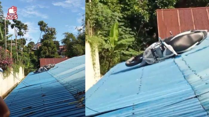 Pengguna Sepeda Motor di Balikpapan Nyangkut di Atap Warga Hingga Jebol, Viral di Medsos