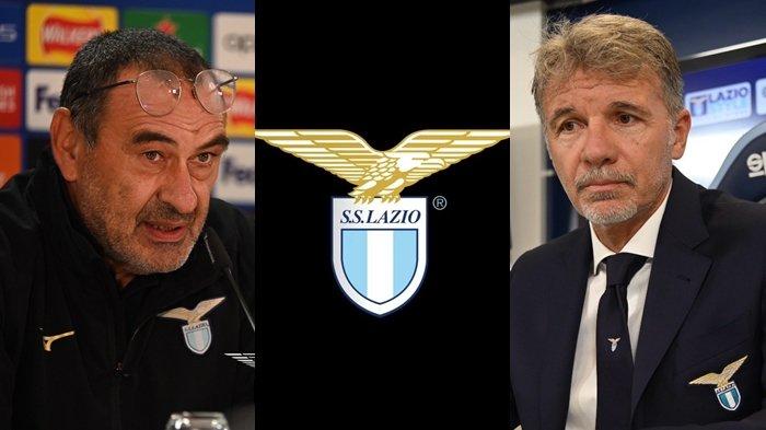 PELATIH LAZIO - Foto kolase Maurizio Sarri, lambang Lazio, dan Marco Baroni. Sarri kembali dipercaya menjadi pelatih Lazio musim 2025/2026 untuk menggantikan Baroni. (X.com/@OfficialSSLazio)