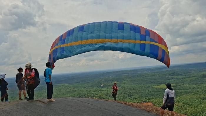PARIWISATA DI PASER - Bukit Sultan (The Sultan Hill) destinasi wisata baru yang ada di Desa Lempesu, Kecamatan Paser Belengkong, Kabupaten Paser, Kalimantan Timur, Minggu (10/8/2025). Objek wisata ini sukses menjadi lokasi pelaksanaan Kejurnas Junior Paralayang. (TRIBUNKALTIM.CO/SYAIFULLAH)
 