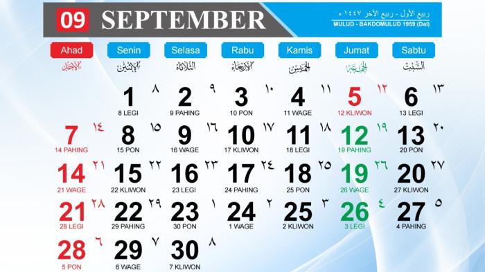 KALENDER SEPTEMBER 2025 - Kalender Hijriah Indonesia 2025 bulan September. Ada kesempatan untuk mengambil libur panjang di awal minggu September, simak selengkapnya bersama dengan tanggal akhir pekan, daftar hari besar hingga sisa libur dan cuti bersama di tahun ini. (kemenag.go.id)
