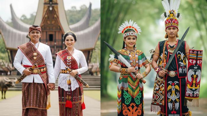 BAJU ADAT AI - Ilustrasi potret edit foto memakai baju adat AI. Melalui teknologi generatif AI dari Google Gemini, kini siapa saja bisa menciptakan potret digital mengenakan pakaian tradisional, hanya dengan satu perintah teks atau prompt. Mulai dari kebaya Jawa, baju bodo khas Bugis, hingga kain ulos Batak, semuanya bisa diwujudkan secara digital tanpa perlu menyewa studio, fotografer, atau mengenakan busana asli. (Tiktok/edicrew)