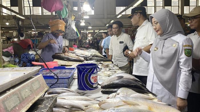 ANDALKAN PERIKANAN BERAU - Bupati Berau Sri Juniarsih Mas saat melakukan peninjauan ke pasar SAD dan melihat hasil ikan yang siap dikonsumsi masyarakat dari perairan Berau. Usaha perikanan terus didorong untuk kemajuan ekonomi Berau. (TRIBUNKALTIM.CO/RENATA ANDINI)