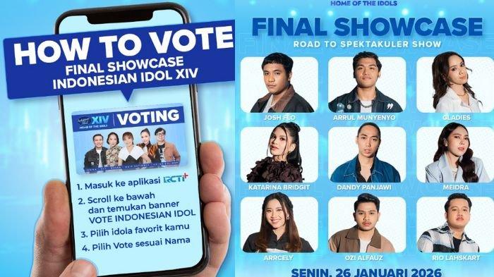 INDONESIAN IDOL 2026 - Poster cara vote peserta Indonesian Idol (kiri) dan peserta Indonesian Idol 2026 yang tayang malam ini (kanan). Tonton Indonesian Idol malam ini, akses link live streamingnya