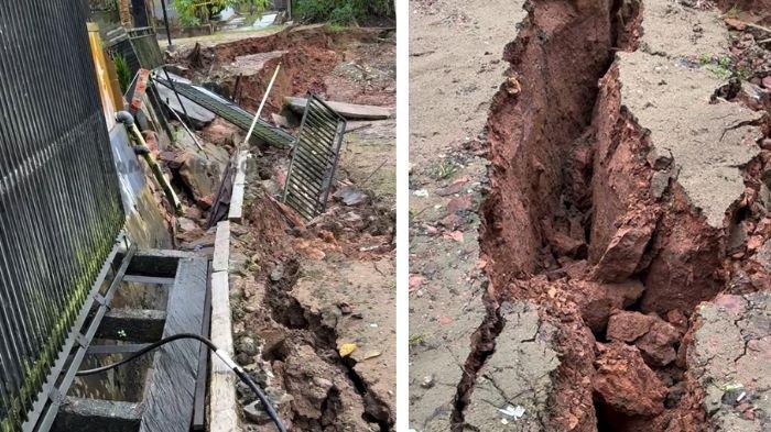 TANAH LONGSOR - Penampakan tanah longsor di Samarinda, Kalimantan Timur yang dipicu hujan deras, Jumat (6/2/2026). Rumah warga terdampak, videonya viral di media sosial.
