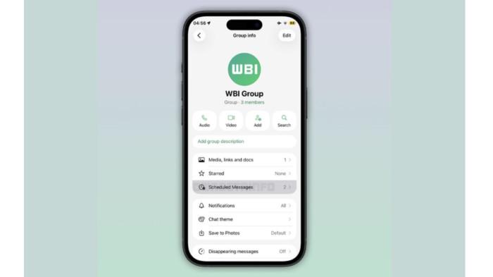 PESAN TERJADWAL WHATSAPP – Tangkapan layar yang dibagikan WABetaInfo memperlihatkan menu Scheduled Messages di Info Chat, yang memungkinkan pengguna mengatur pengiriman pesan otomatis. (WABetaInfo.com)